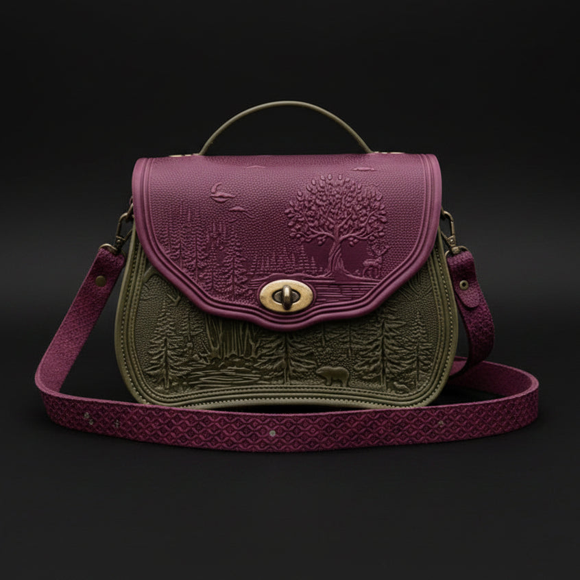 Green and purple handbag with nature-themed design on a stone surface with a garden background