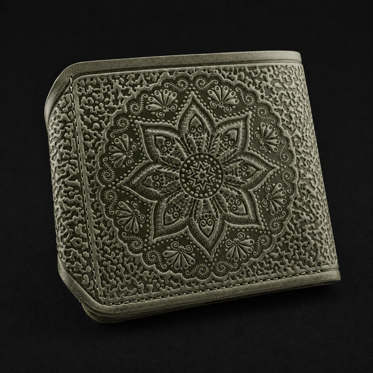 Decorative green wallet with intricate patterns on a black background