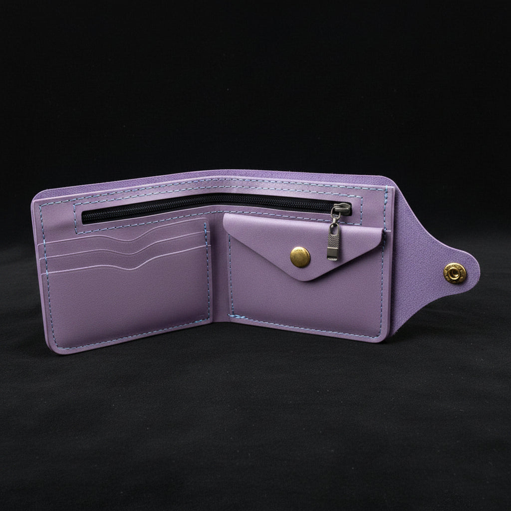 Lavender leather wallet with zipper on a black background