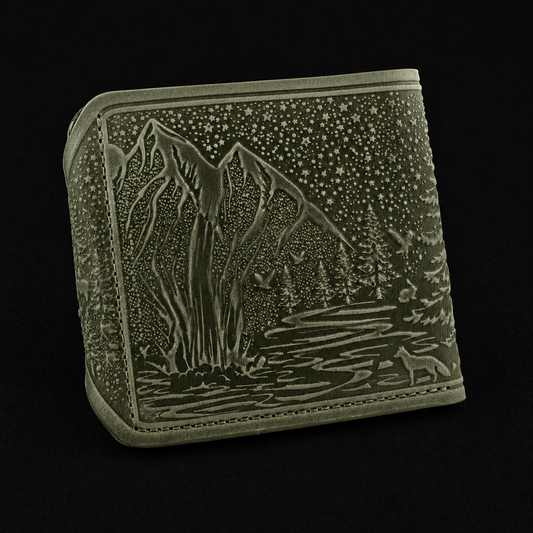 Green wallet with nature-themed design on a black background