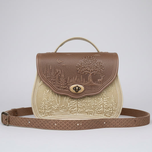 Beige and ivory handbag with nature-themed design on a stone surface with a garden background