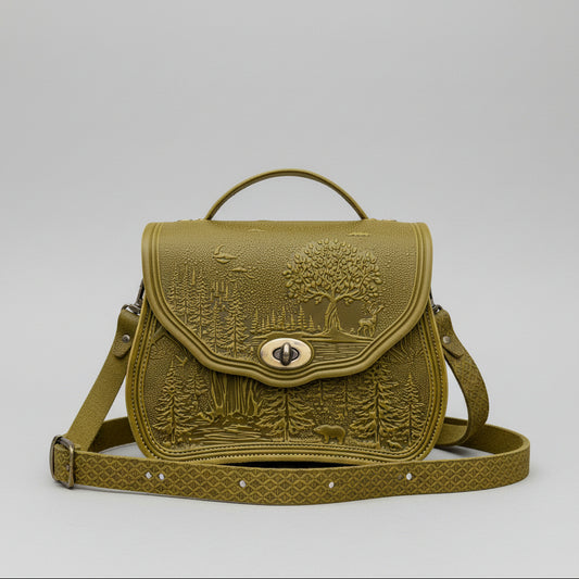 Cognac textured handbag with a scenic design on a stone surface with a garden background