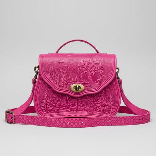 Pink handbag with embossed design on a light gray background