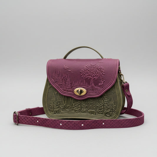 Green and purple handbag with nature-themed design on a stone surface with a garden background