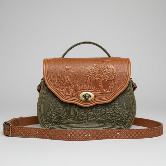 Green and brown embossed handbag on a stone surface with a garden background
