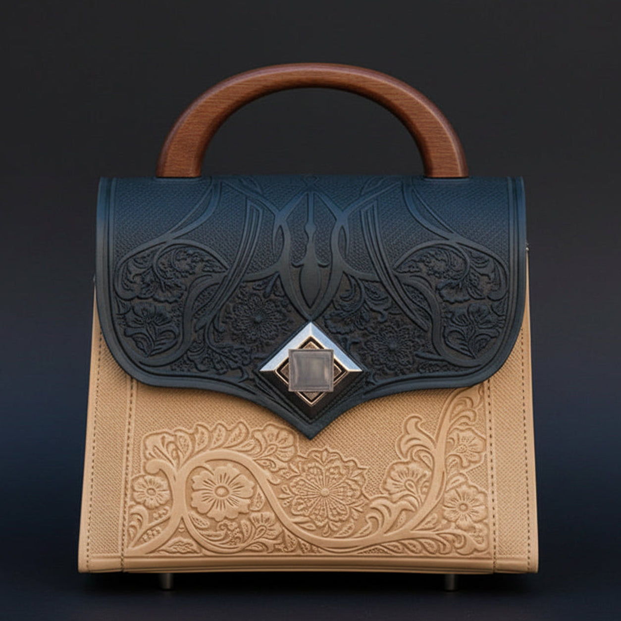 Handbag with intricate designs on a dark background