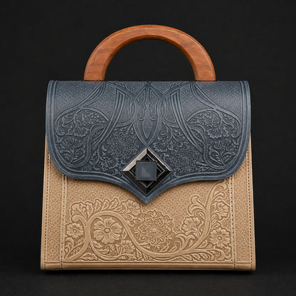 Handbag with embossed design and wooden handle on a black background