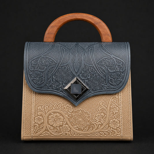 Handbag with embossed design and wooden handle on a black background