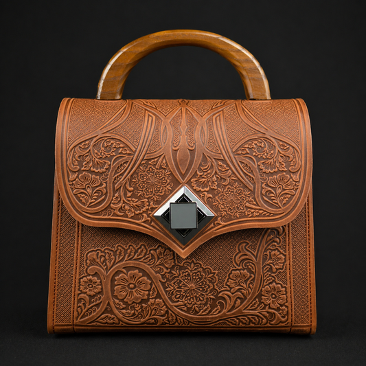 Brown leather handbag with intricate embossing on a black background