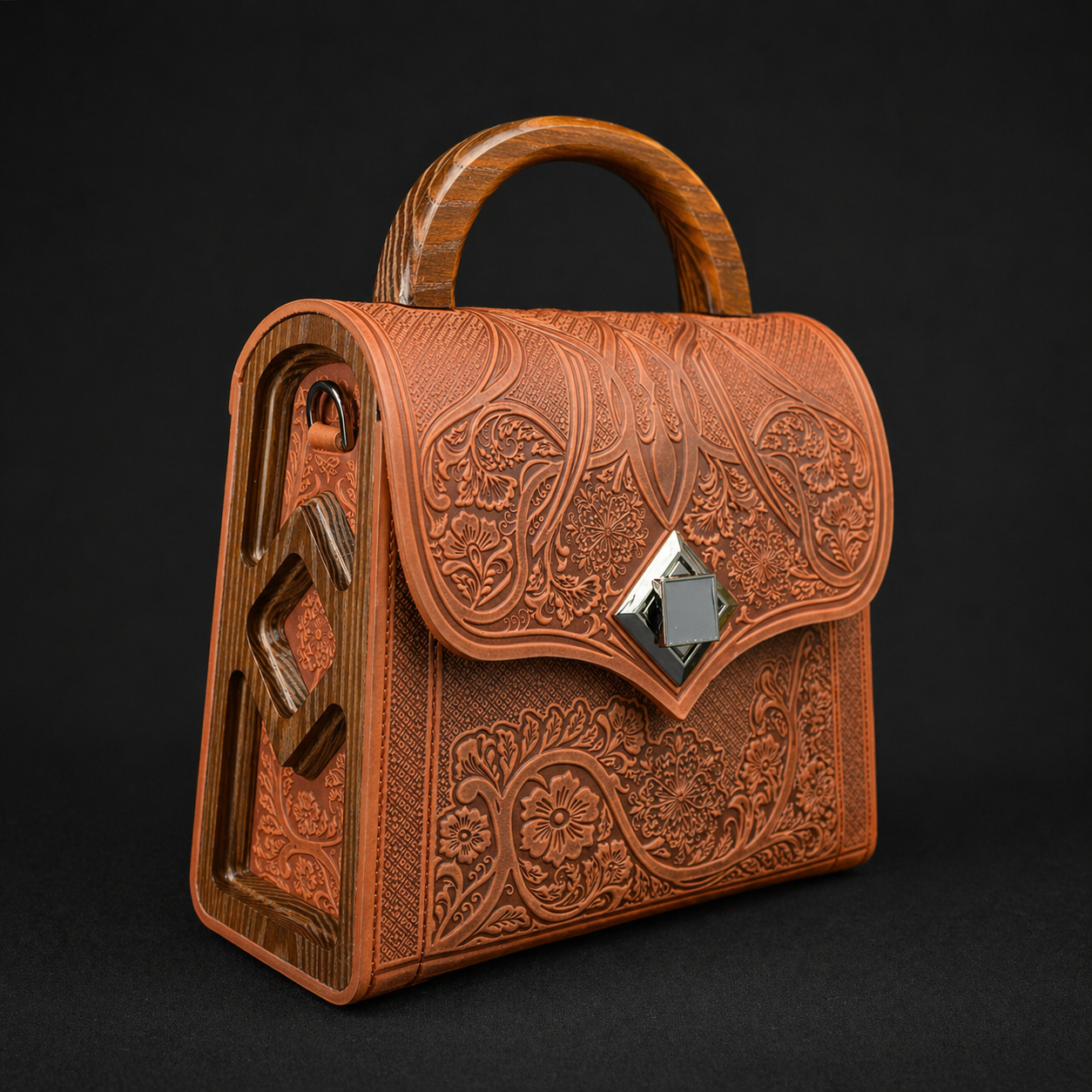 Brown leather handbag with intricate patterns on a black background