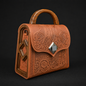Brown leather handbag with intricate patterns on a black background
