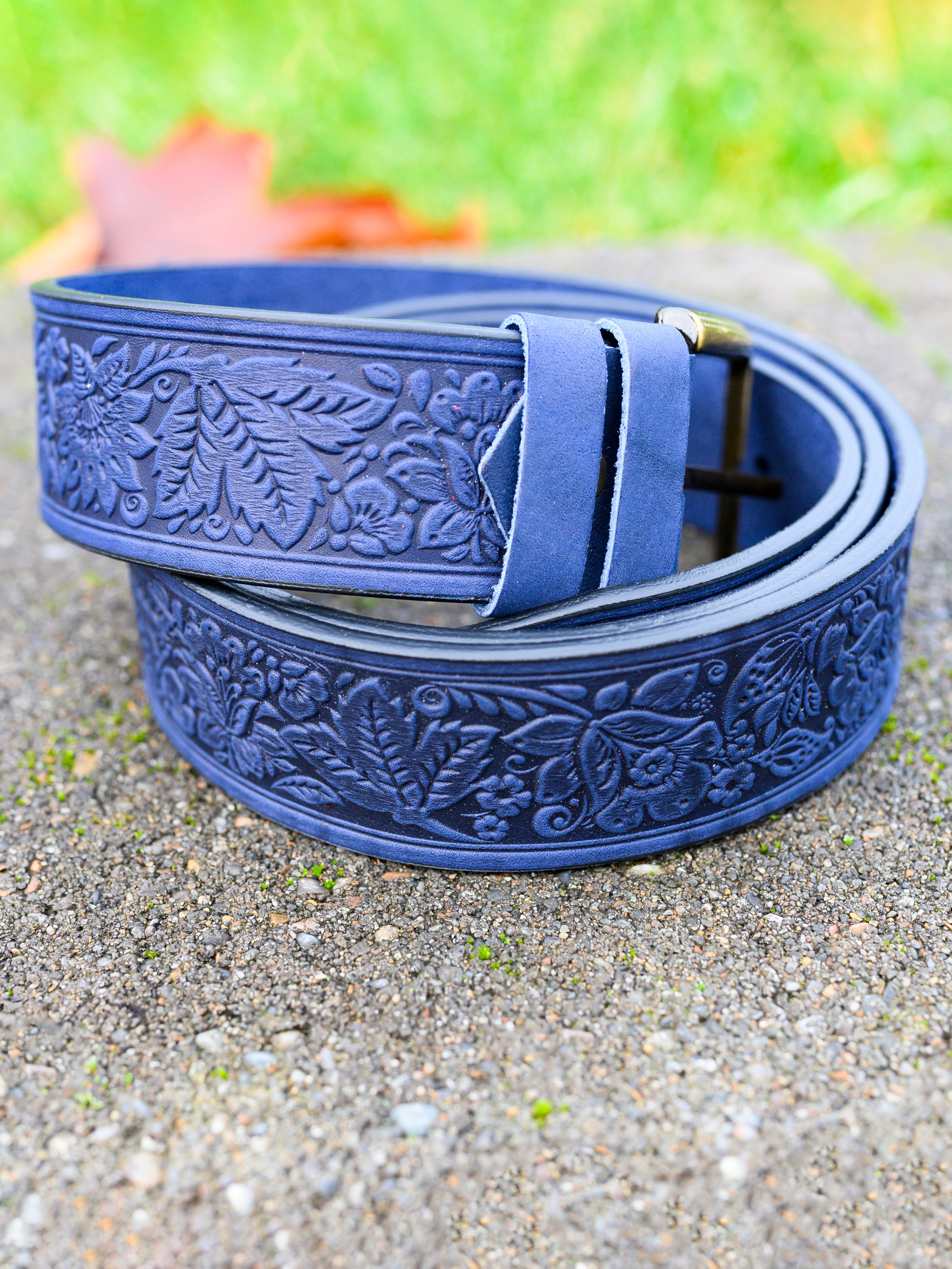 Prestige Flower Belt for Men Women Blue FAINA Leather