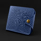Blue embossed wallet with a gold button on a black background