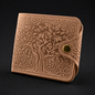 Beige leather wallet with embossed design on a black background