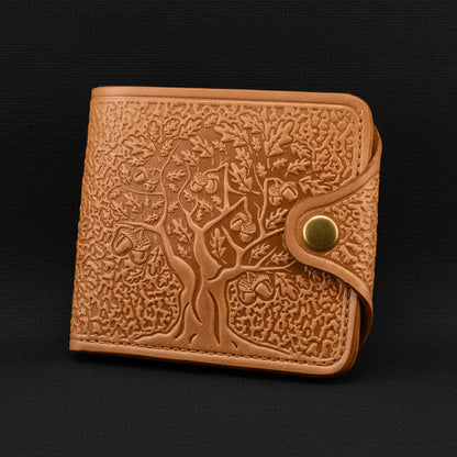 Brown leather wallet with embossed design on a white background