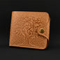 Brown leather wallet with embossed design on a white background