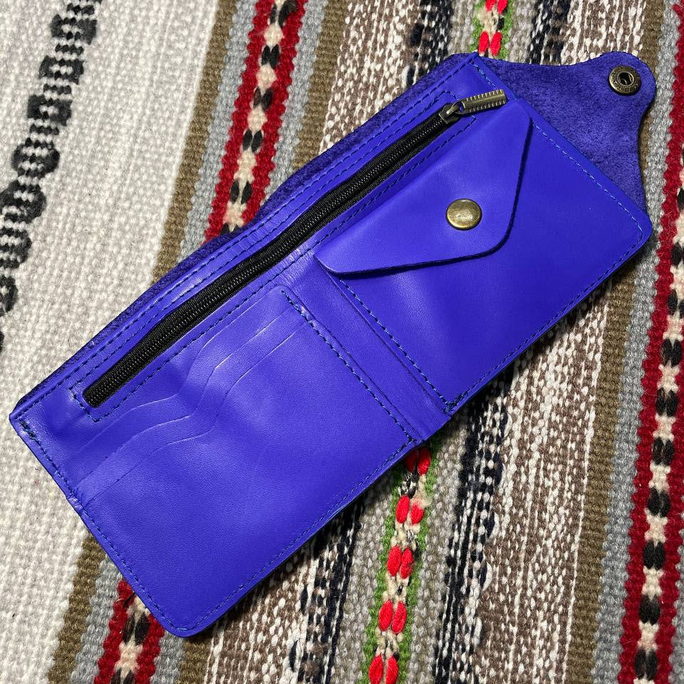 Blue leather wallet on a patterned fabric background
