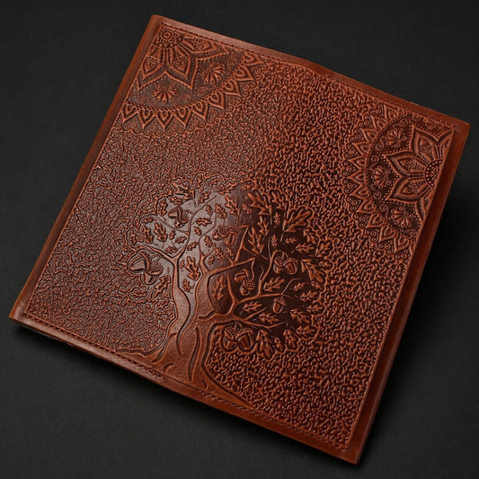Brown leather wallet with embossed design on a dark background