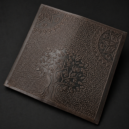 Decorative stone tile with embossed design on a dark background