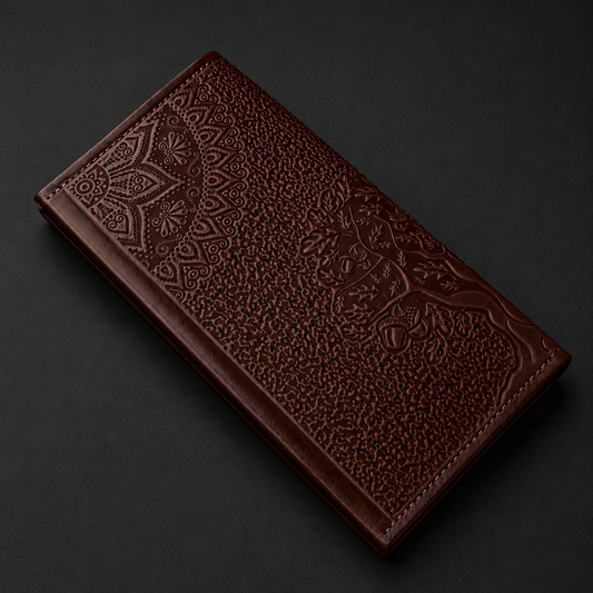 Brown leather wallet with intricate patterns on a dark background