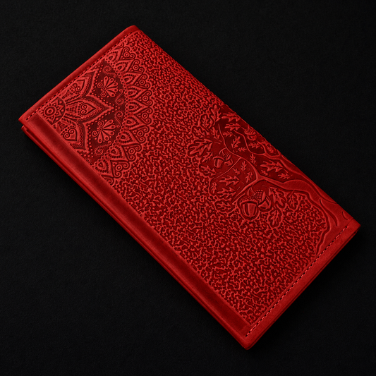 Red embossed wallet on a black background