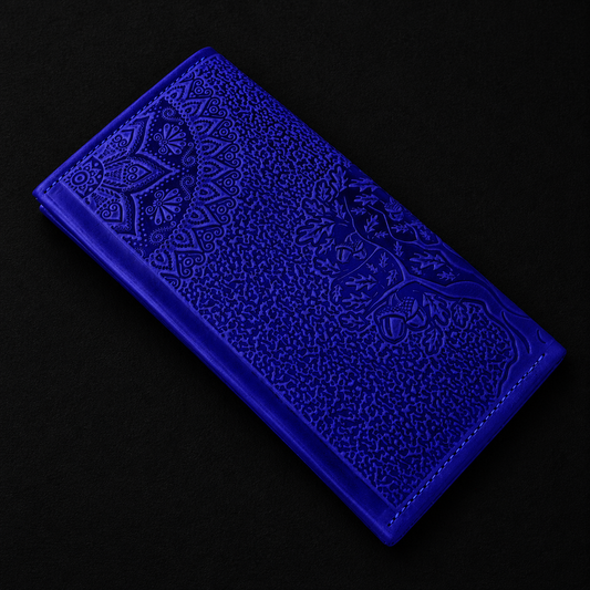 Blue embossed wallet on a black background