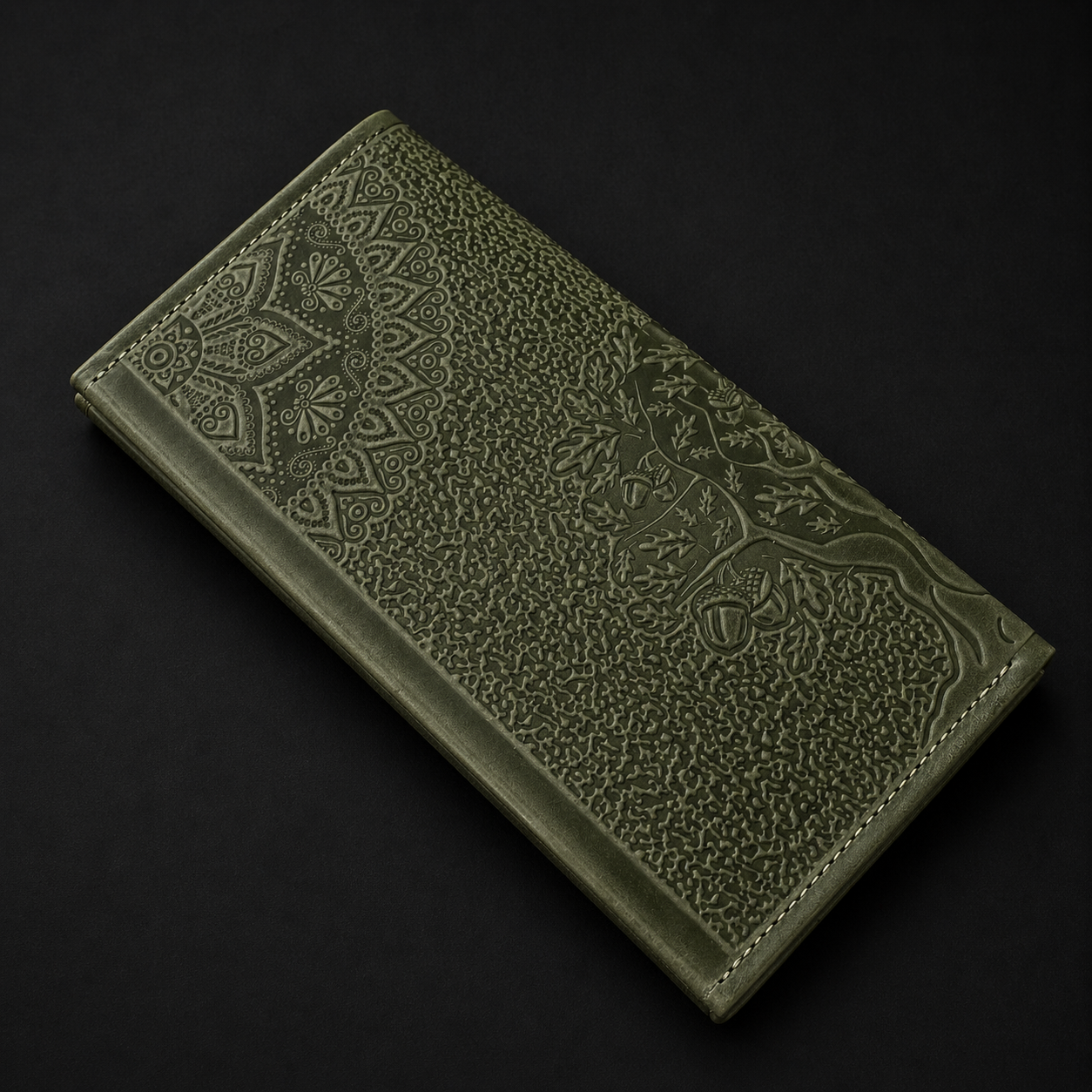 Green embossed leather wallet on a black background