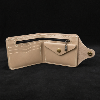 Beige leather wallet with gold accents on a black background