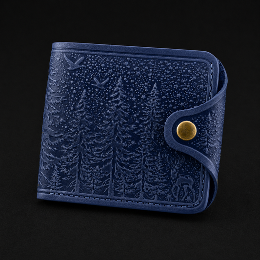 Blue textured wallet with a forest design on a black background