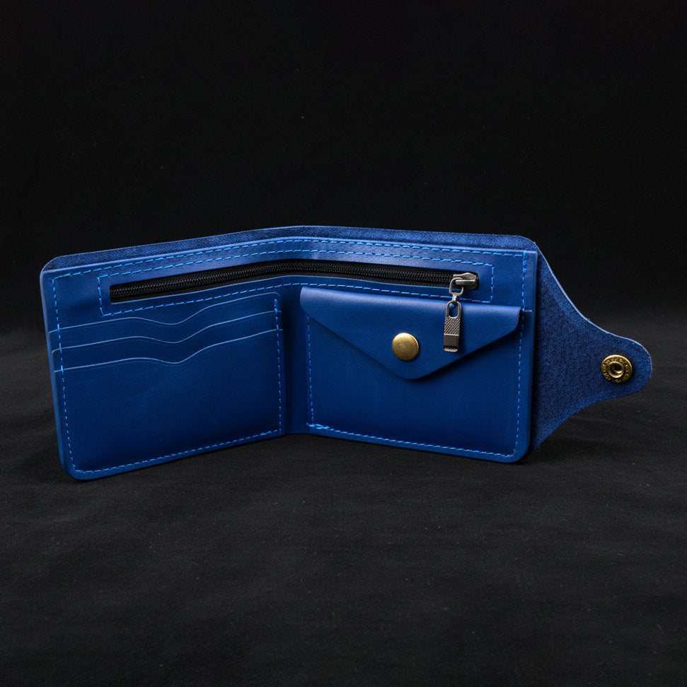Blue leather wallet with zipper on a black background