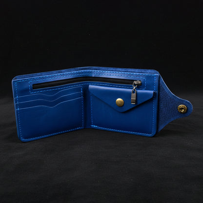 Blue leather wallet with zipper on a black background