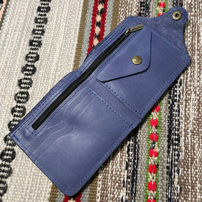 Blue wallet with zippers on a patterned fabric background
