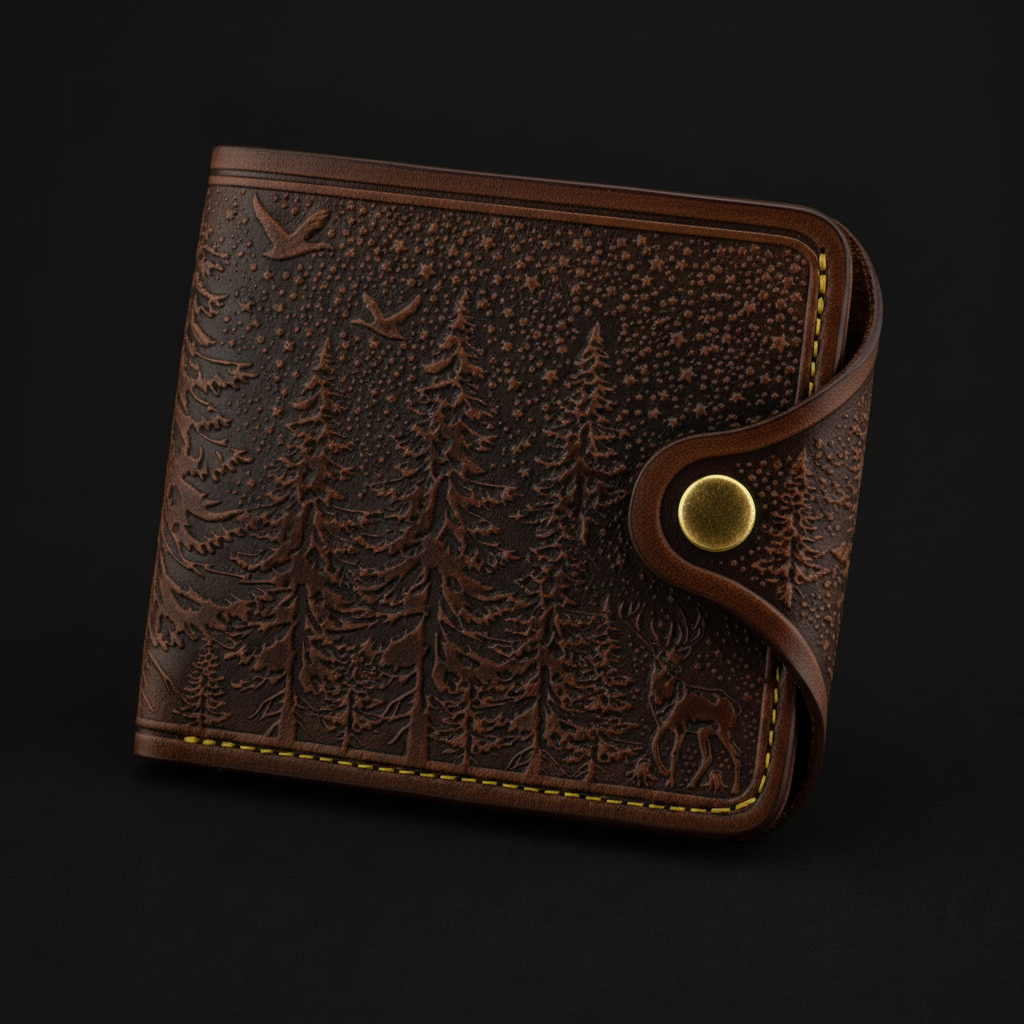 Brown leather wallet with forest design on a black background