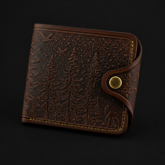 Brown leather wallet with forest design on a black background