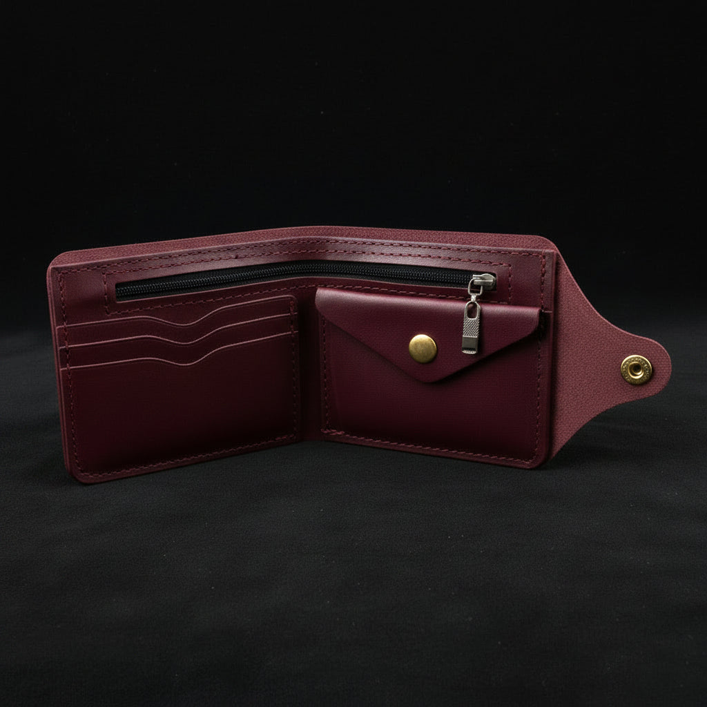 Burgundy leather wallet with zipper on a black background