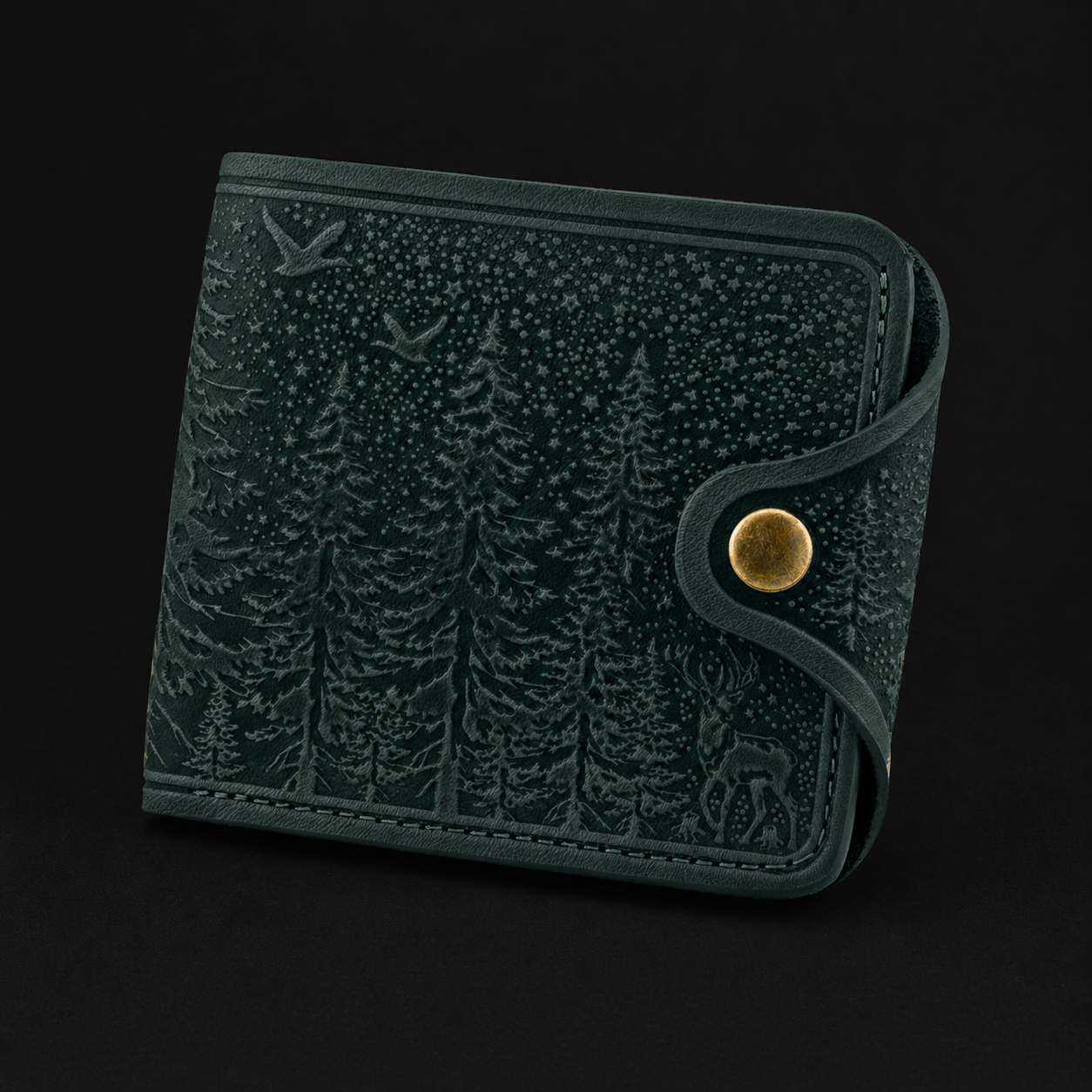 Green textured wallet with a gold button on a black background