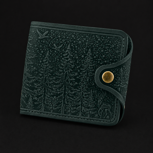 Green textured wallet with a gold button on a black background
