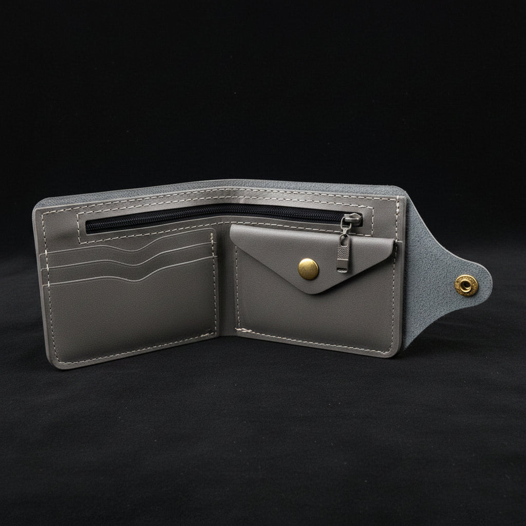 Gray leather wallet with zipper on a black background