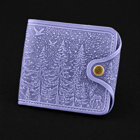 Purple wallet with forest design on a black background