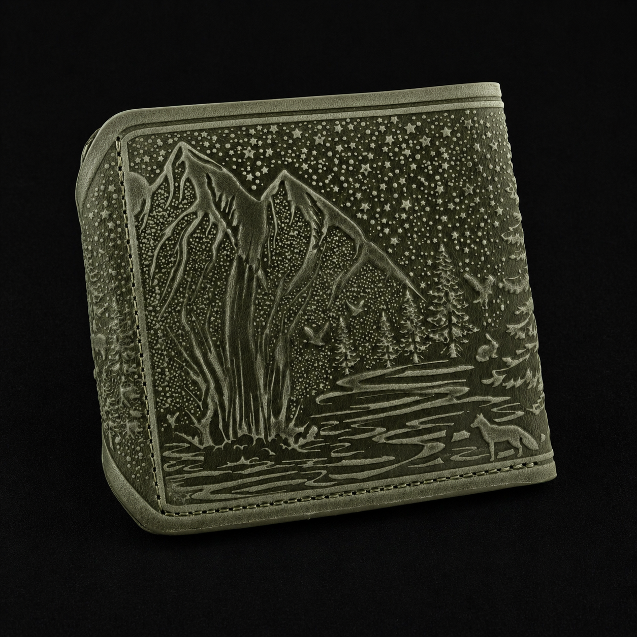Green wallet with nature-themed design on a black background