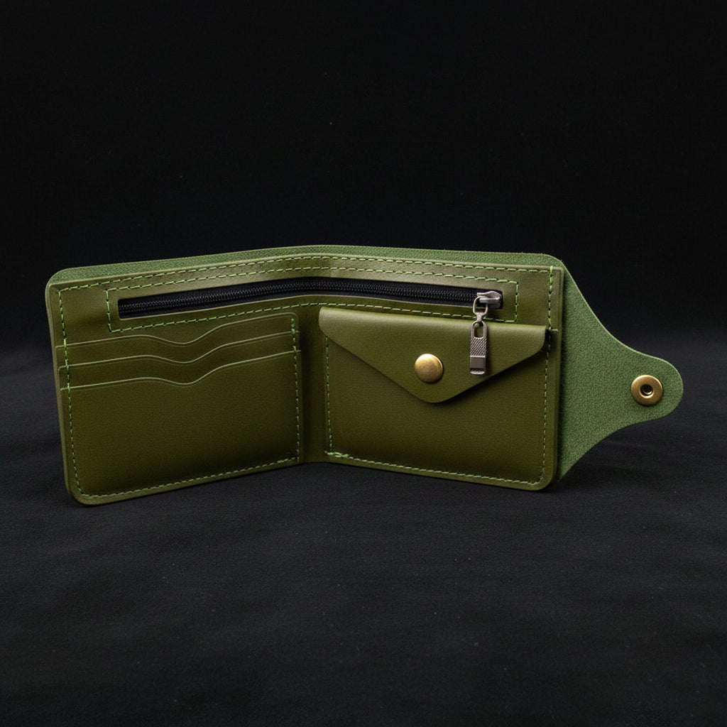 Green leather wallet with zipper on a black background