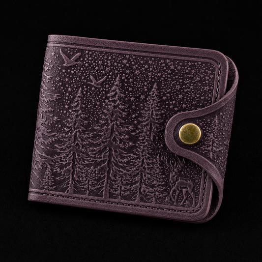 Leather wallet with forest design and gold button on a black background