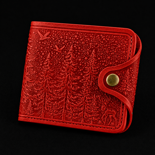 Red textured wallet with nature design on a black background