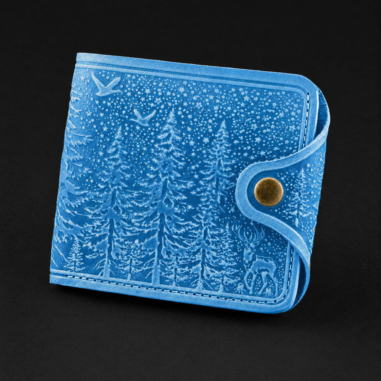 Blue wallet with forest design on a black background