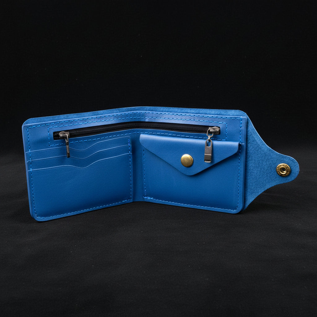 Blue leather wallet with zipper on a black background