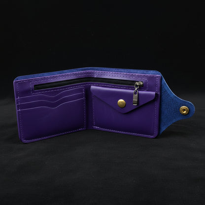 Blue leather wallet with zipper on a black background