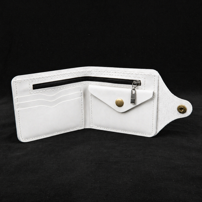 White wallet with gold accents on a black background